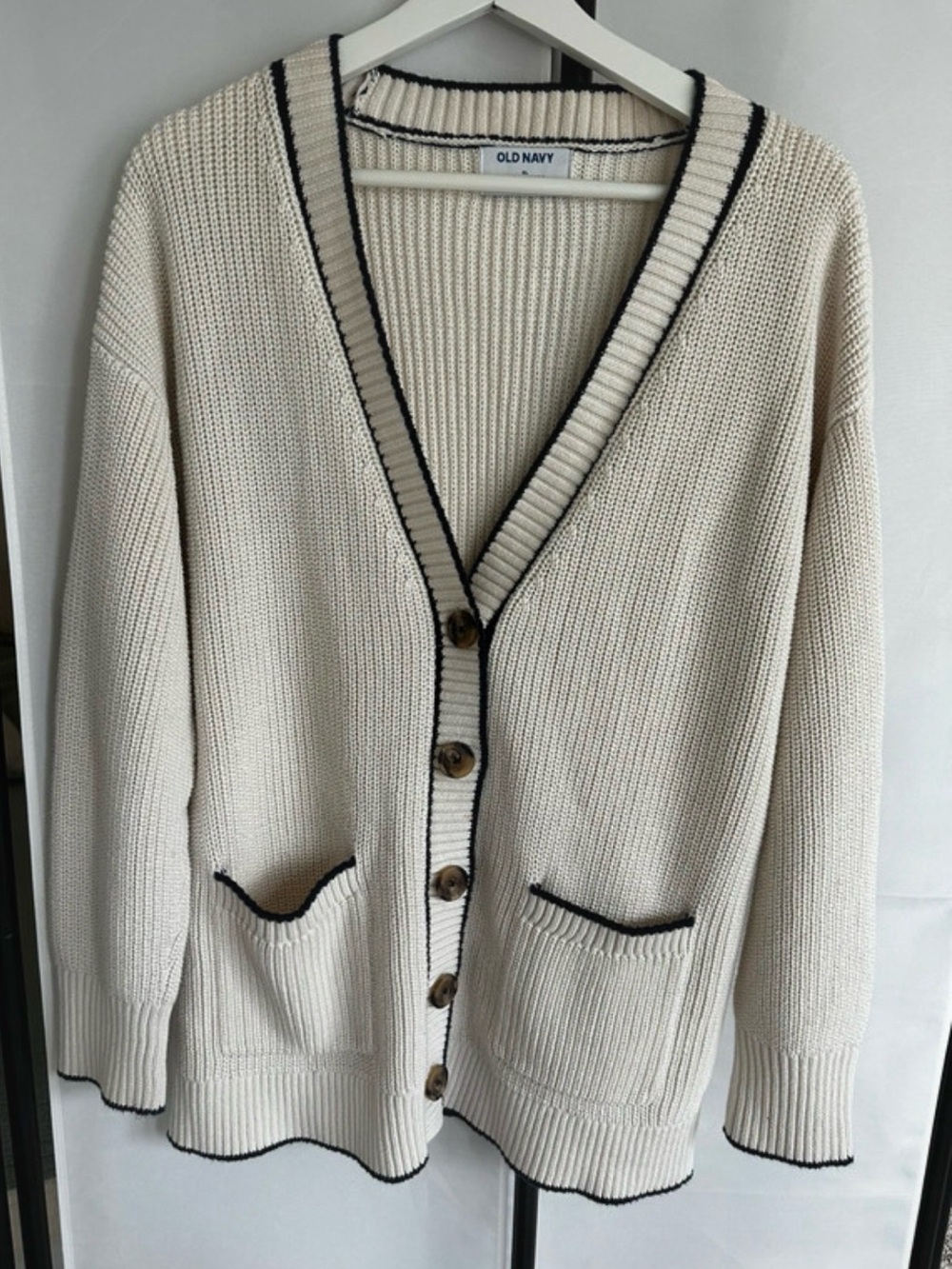 Old Navy Women’s XL 100% Cotton Cardigan Ivory Black Trim Button Front